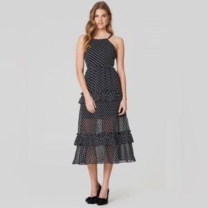 Endless Rose Navy and White Polka Dot Tiered Halter Midi. Size XS - Worn Once